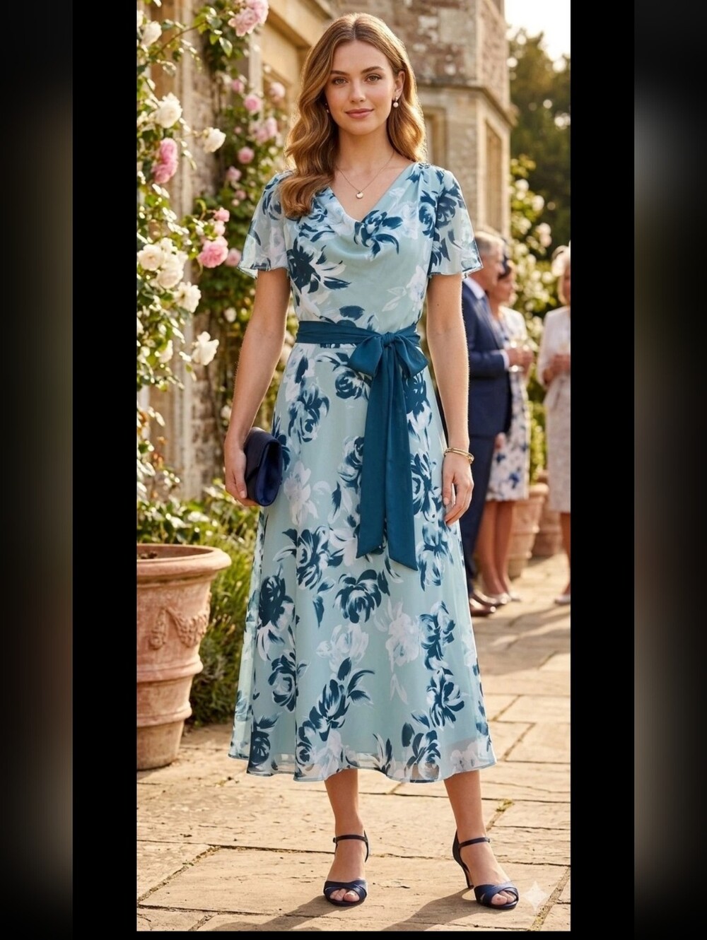 Jacques Vert Cowl Neck Blue Floral Midi Dress NWT Small